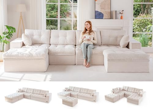 Image of MAXYOYO 132 inch U Shaped Modular Sectional Sofa with 2 Ottomans, Cloud Boneless Couch with Layered Cushion, Flexible Module Combination Sofa for Living Room, No Assembly Required, Beige