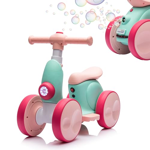JoyRydz 6V Electric Baby Balance Bike with Bubble Machine,4 in 1 Toddler Balance Bike w/Remote for 1 Year Old Boys Girls Kids Bubble Bike Ride on Toys w/Powered Motor,Music,LED Lights (Green&Red)