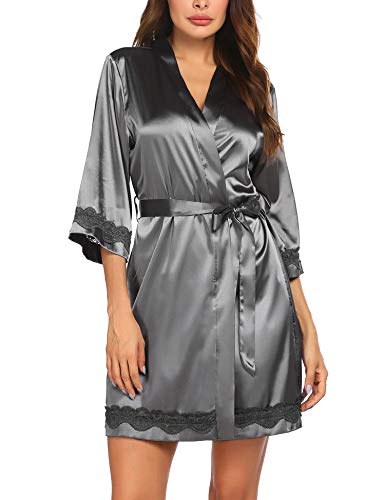Ekouaer Women's Silk Robes Pure Colour Short Satin Kimono Robes With Oblique V-Neck Lace Trim Bathrobes #TOP2