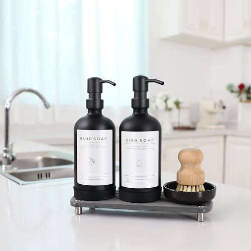 [Luxury] Kitchen Soap Dispenser Set - 16OZ Black Glass Bottle, Stainless Steel Pump, Instant Dry Tray, Waterproof Labels, Non-Slip Silicone Pad, and Dish Brush | Upgrade for Your Kitchen and Bathroom by ORCHID HOME - Image 5