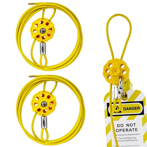 Image of Lockout Tagout Cable Lock | 0.16'' x 78'' Adjustable Loto Locks | PVC-Coated Steel Cable for Valves & Panels | OSHA Compliant | Yellow, 2Pack