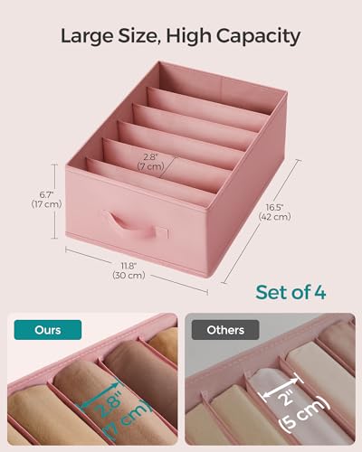 Image of SONGMICS Set of 4 Large Size Wardrobe Clothes Organizers, Jelly Pink | 6-Compartment Foldable Drawer Organizers with Handles, 16.5 x 11.8 x 6.7 Inches, for Pants, Sweaters, Jeans URUS009R01