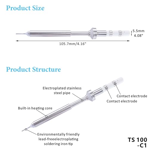 Image of TS100-C1 Soldering Iron Tips, Rapid Heating Replacement Solder Tips Compatible with TS100, TS101, Pine64 and Pinecil Soldering Irons -Accurate Soldering Easy to Install
