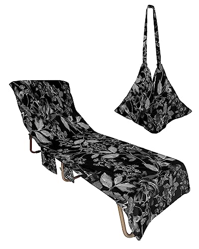 Black Flower, Beach Lounge Chair Towel Cover, Soft Chaise Lounge Towel with Side Pockets Patio Pool Chairs Cover for Beach/Pool Sunbathing 29x85 Vintage Abstract Fall Leaves Flroal