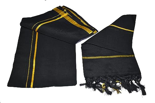 Kolakeer™ Men's Cotton Color Dhoti Set - 1.9 Mtrs Dhoti with 1.2 Mtrs Angavastram - Pentex Mundu Angavastram Set (Black)2