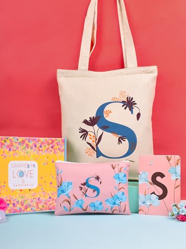 Image of DOODLE Monogram S Diary Gift Set - B6 Soft Bound Ruled Notebook with Tote Bag & Zipper Pouch - Premium Stationery Gift Set for Women & Girls | Perfect Personalised Gift Set for Women's Day