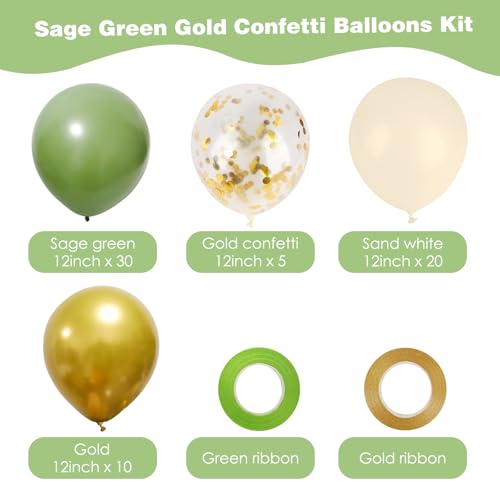 Image of RUBFAC Sage Green Balloons, 65 Pcs Party Balloons Green Gold Sand White 12 Inches for Tiana Birthday, Wedding, Baby Shower, Eucalyptus Party Decorations