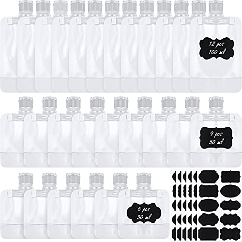 27 Pieces Travel Size Refillable Empty Squeeze Pouch, Portable Fluid Makeup Packing Bag Travel Pouches for Toiletries, TSA Approved Lotion Shampoo Squeezable Bags with 6 Sheets Black Sticker