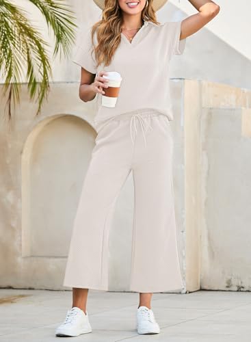 Dokotoo Women's 2 Piece Outfits Sweatsuit Casual Lapel Collar Short Sleeve Tops Drawstring Wide Leg Pant Lounge Sets2