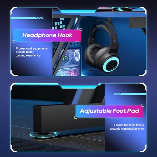 Image of BestOffice Gaming Desk Z Shaped 47 inch PC Computer Desk Computer Workstation Ergonomic Gaming Table with Headphone Hook for Game Players, Black&Blue