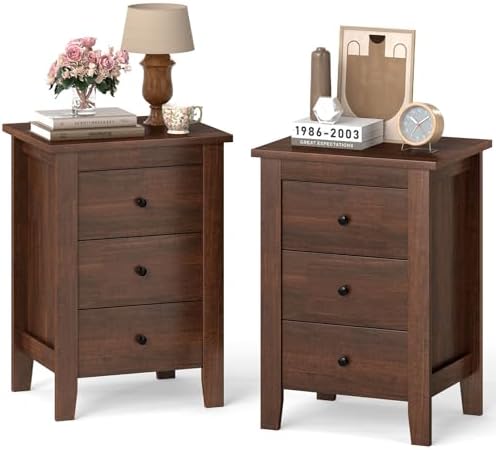 Giantex Nightstands Set of 2 with 3 Drawers, Wood Walnut Night St...