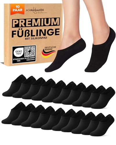 10 Paar Füßlinge Damen Sneaker Socken Herren Schwarz 39-42 Unsichtbar Atmungsaktiv Baumwolle mit Silikonpad