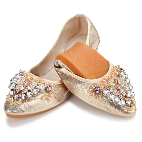 KUNWFNIX Women's Ballet Flats Crystal Wedding Ballerina Shoes Foldable Sparkly Comfort Slip on Flat Shoes