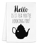 Funny Kitchen Towel, Hello Is It Tea You're Looking For? Tea Joke, Flour Sack Dish Towel, Sweet Housewarming Gift, White or Gray (White)