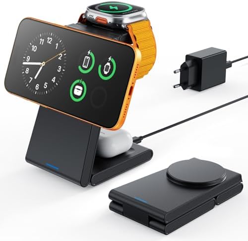 GEEKERA 3-in-1 Magnetische Ladestation für Apple Watch und iPhone, AirPods | 3-in-1 Reise-Ladegerät. Kompaktes, faltbares Design für iPhone, Watch & AirPods. Premium Qualität ohne