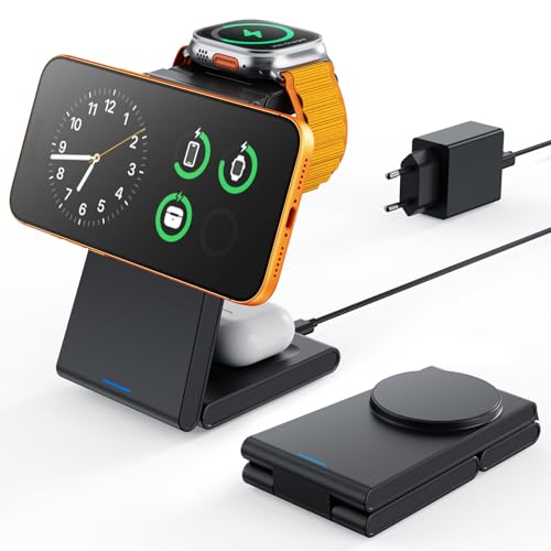 GEEKERA 3-in-1 Faltbar Ladegerät für Mag-Safe, Induktive Ladestation für Apple Watch & iPhone, Induktionsladegerät Kompatibel mit iPhone Air/17/16/15/14/13/12, Apple Watch 11-2, AirPods, Mattschwarz