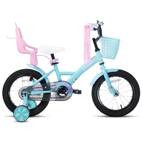 KEANO Zinnia 14 Inch Kids Bike for Girls Ages 3-5 Years, 14 Inch Girls' Bikes with Training Wheels, Streamers, Basket and Doll Seat, Children Bicycles Green