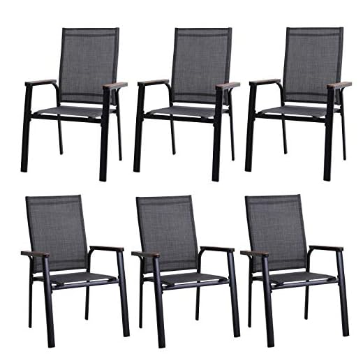 PHI VILLA Patio Dining Chairs Clearance, Lightweight Aluminum Outdoor Sling Chairs with Extra Wide Seat & Wood-Like Armrest, Stackable Space Saving Garden Lawn Chairs for All Weather, Set of 6