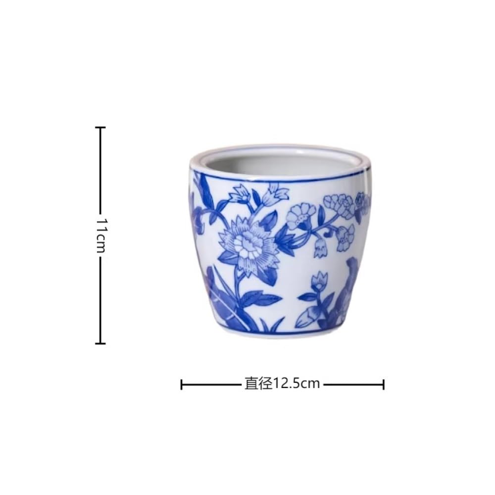 Vaso da fiori in ceramica porcellana blu e bianca, piccola fioriera a motivi floreali con fori di drenaggio, ornamento for balcone da tavolo for interni ed esterni