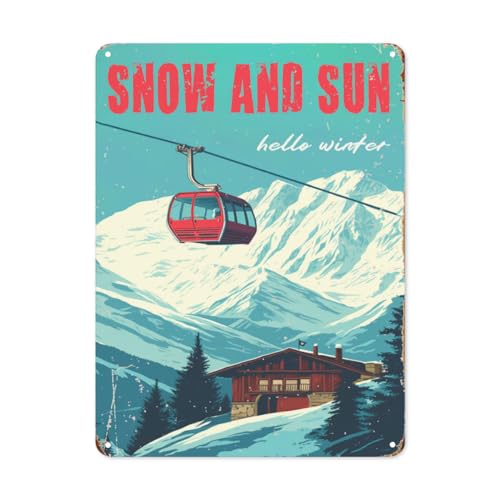peiyeety Divertente cartello in latta con neve invernale, decorazione da parete per interni ed esterni, ideale per casa, chalet di montagna, baita di montagna, 20x30 cm.