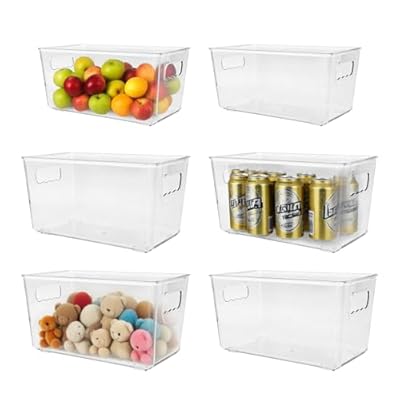 Slomg 6 Pack Clear Plastic Storage Bins with Handles, Stackable Pantry Fridge Cabinet Under Sink Organizers and Storage, Multi-use Large Home Kitchen Bathroom Organization for Shelf Closet Drawer