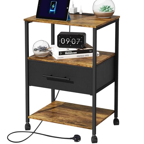 WARM&LOVE Bedside Table with Charging Station, Nightstand with 2 Outlets and 2 USB Ports, Sofa Side Table, End Table with Metal Frame and Fabric Drawers, for Bedroom, Living Room