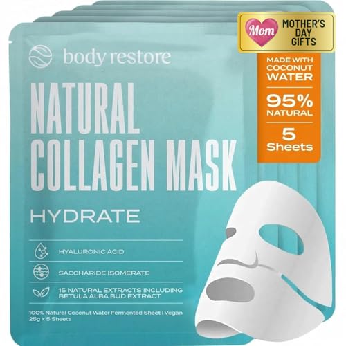 Body Restore Natural Collagen Face Mask – for Mom, Hydrating Skin Care, Birthday , Self Care Spa Gifts – Glow 5 Pack