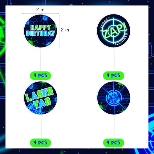 Fangleland 36 Stück blau grün Laser Tag Cupcake Toppers für Jungen Laser Tag Geburtstag Party Dekorationen, Laser-Thema alles Gute zum Geburtstag Dessert Tabelle Kuchen Dekorationen Picks