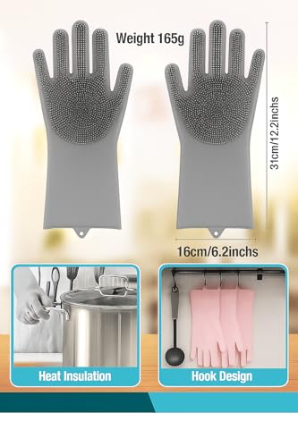 Image of Silicone Cleaning Gloves - Reusable Dishwashing Scrubber Gloves with Bristles - Waterproof, Non-Slip, Durable Kitchen Gloves for Washing Dishes, Car, Bathroom Cleaning (Grey, 2 Pair)