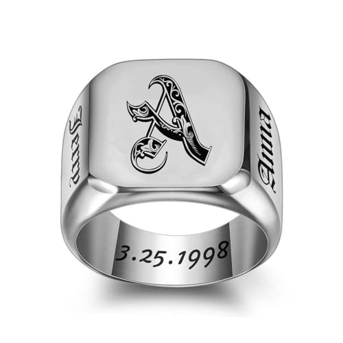 Personalized Signet Rings for Men Women Engraved Ring Custom Initial Rings Mens Ring Customized Memorial Gifts for Father Husband Boyfriend Teacher