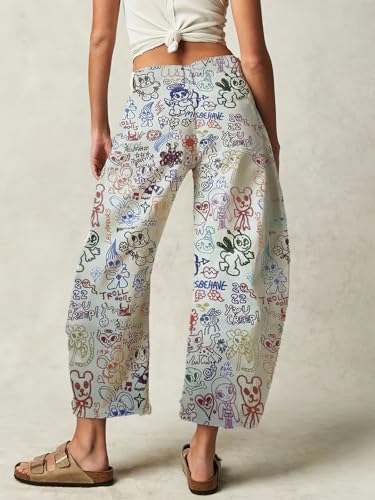 ebossy Women's Cute Floral Patern Baggy Barrel Jeans Mid Rise Wide Leg Horseshoe Capri Denim Pants2
