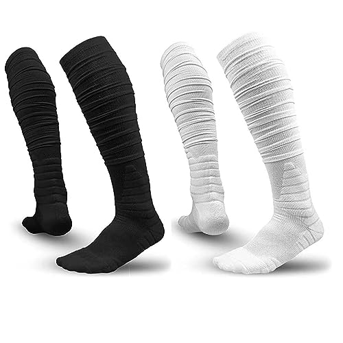 Hotfiary Scrunch Football Socks Long 2 Pack Mens Boys Athletic Socks with Ankle Support Padded Knee High Socks Youth Adult