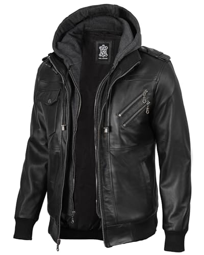 Image of fjackets Men Hooded Leather Jacket - Real Lambskin Men's Leather Jackets with Detachable Hood Outerwear