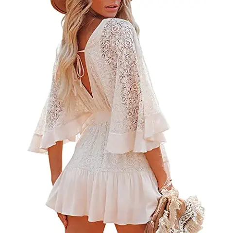 Vestido Sexy de Encaje para Mujer Vestido de Playa Transparente de Cintura Alta Vestido Casual Cover