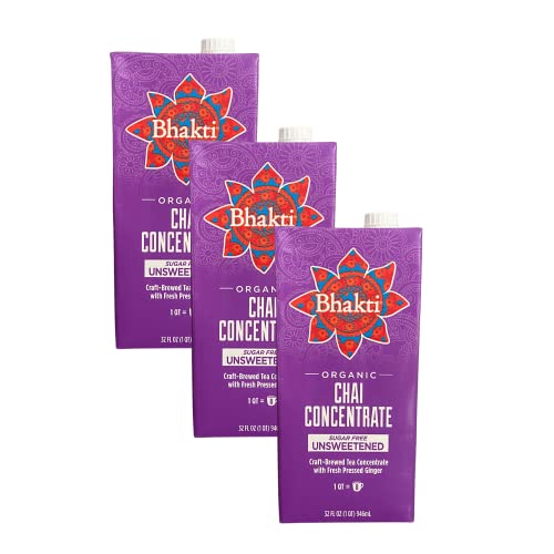Bhakti Chai Tea Concentrate, Unsweetened, Fresh Pressed Ginger And Black Tea Blend, Vegan, Organic, Gluten-Free, All-Natural Ingredients, No Sugar, 32 Ounce Cartons (Pack Of 3) #TOP4