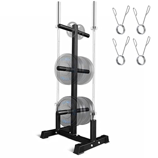 Yes4All 6-Pegs Olympic Weight Plate & 2 Barbells - Weight Plate Tree Holder & Vertical Barbell Storage Rack