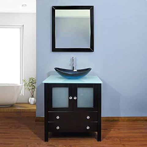 QIERAO 30" Freestanding Wooden Modern Bathroom Vanity Vessel Sink Set Bathroom Mirror Included Cover