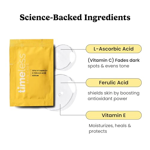 Timeless Skin Care Vitamin C Serum with Vitamin E & Ferulic Acid - Brightening Serum - for Oily & Dry Skin - Fragrance-Free - Pouches