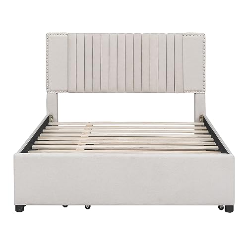 DNYN Full Size Upholstered Platform Bed with Trundle(Twin) & 2 Drawers for Kids Bedroom,Wooden Linen Fabric Bedframe w/Storage & Classic Heardboard,No Box Spring Needed, Beige by DNYN - Used condition - Image 5