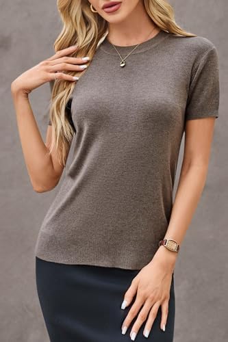 Arach&Cloz Women's Fashion Fall Spring Tops Vacation Cruise Outfits Summer Short Sleeve Sweaters Blouse Teacher Clothing Business Casual Dressy Trendy 2026 (Coffee,M) - 5