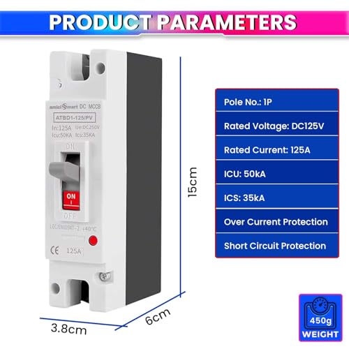 Image of amiciSmart Solar Molded Case DC Circuit Breaker MCCB 125A 1P | 250V /600V DC Overload & Short Circuit Protection Switch | High 50kA Icu Capacity for Photovoltaic PV & DC Power Systems