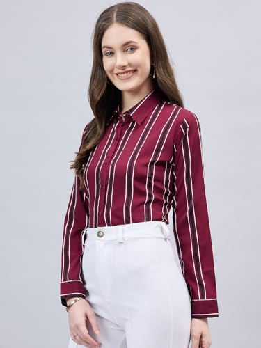 Image of Style Quotient Women Beige White Stripe Printed Formal Shirt