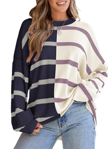 Image of EVALESS Womens Striped Sweaters Long Sleeve Cable Knitted Color Block Casual Loose Lightweight Oversized Sweaters Pullover