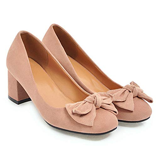 VOKLIN Women's Pointed Toe Bow Dress Pumps Suede Slip On Comfort Chunky Block Mid Heels Work Office Shoes2