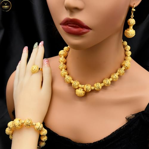 Image of GEHNEY joy of jewels 24k Gold Plated Choker Jewellery Set for Women - Earrings Ring & Bracelet Gold Necklace Set for Women Stylish - Bridal Necklaces for Women Golden with Cubic Zirconia CZ Stones
