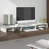【Función de reducción de estrés】Este mueble de escritorio de madera se puede usar como elevador para el monitor del escritorio y otros dispositivos multimedia. Elevar la pantalla reducirá la tensión en el cuello y la espalda.La longitud y dos estantes laterales del soporte del monitor pueden ser ajustados y girarse según las diferentes necesidades, creando un lugar de trabajo espacioso y ordenado.