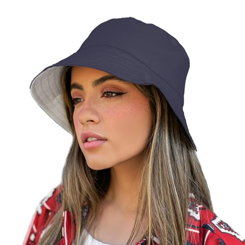 TOSKATOK® UPF 50+ Ladies Women’s Reversible Cotton Bucket Sun Hat - 2 Hats in 1-Navy/White