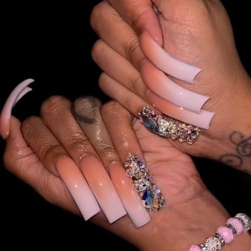 Curved Press on Nails Long False Nails with Colorful Rhinestones Design Ombre Pink White Stick on Nails Glossy Nude Fake Nail Luxury Gradient Glue on Nail for Women Girls Manicure 20Pcs