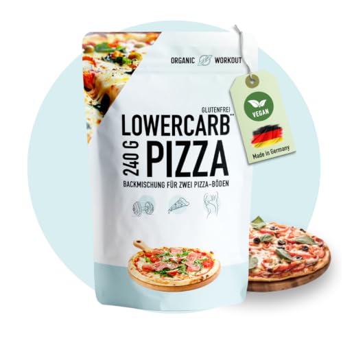 Lower-Carb Pizza Backmischung für 2 Pizzaböden oder 1 Pizzablech | 90% weniger Kohlenhydrate | Glutenfrei, 29g Vegan Protein, mit Mandelmehl Flohsamenschalen & Leinsamen, keto, Organic Workout