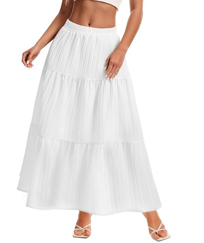 MFAVIP Womens Maxi Skirt Boho Long Flowy Skirts Trendy Summer 2026 Tiered Ruffle Skirt A Line Casual Beach Vacation Dress White
